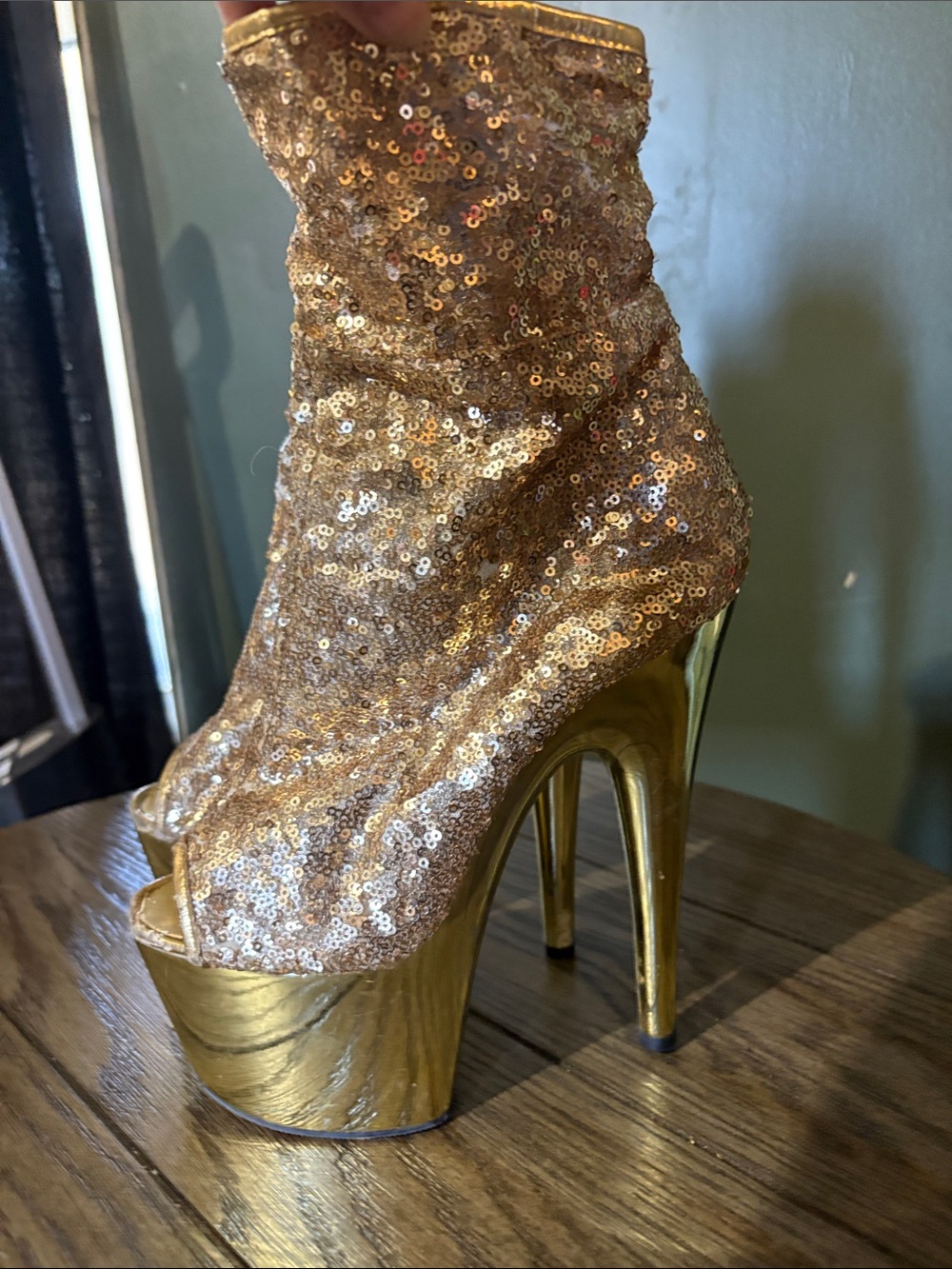 Gold Sequin Platform Peep-Toe High Heel Booties